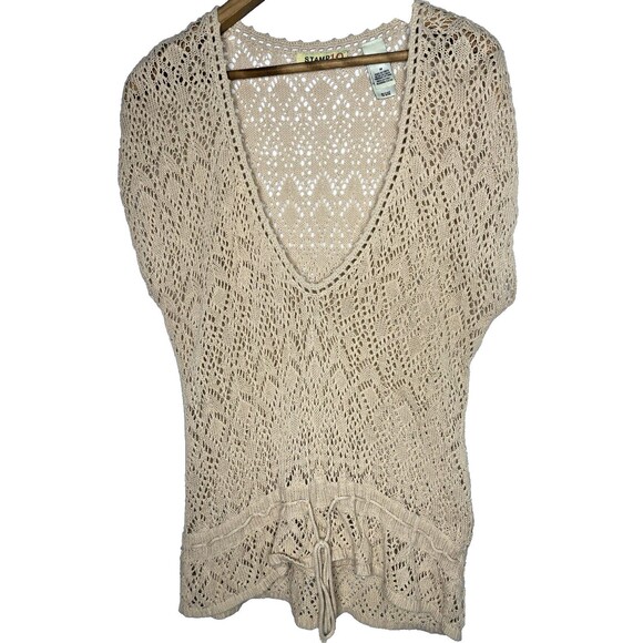 STAMP 10 Sweater Open Crochet V-Neck Boho Cottagecore Hippie Top Womens M Beige - Picture 1 of 5